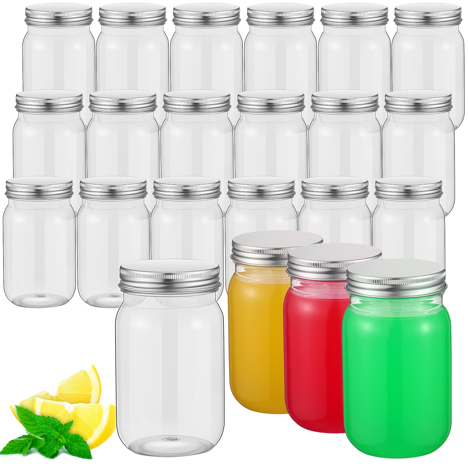 Gerrii 24 Pieces 16 oz Clear Plastic Mason Jars with Lids Refillable Mason Cocktail Cup Empty Canning Overnight Oats Container Plastic Candy Storage Jars Containers for Honey Spices Herbs