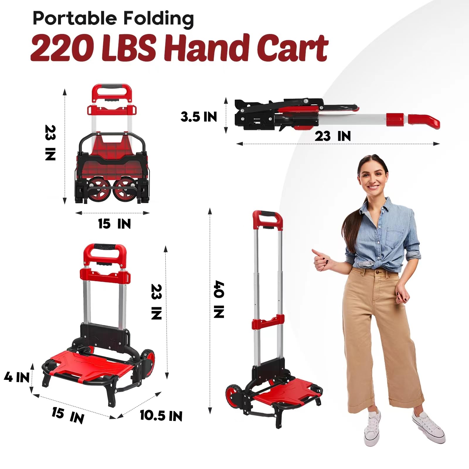 Folding Hand Truck Dolly Upgrade 220 Lbs Capacity Trolley Cart with Portable Handle and TPR Wheels