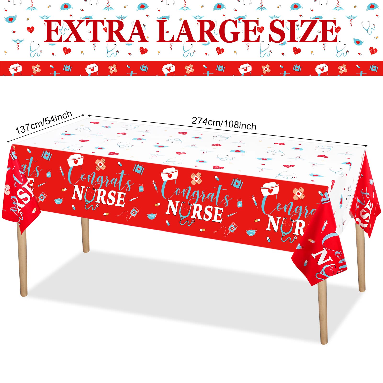 Moukeren 3 Pieces Nurse Graduation Tablecloth Nurse Graduation Party Supplies Nurse Plastic Congrats Table Covers Red White Nurse Graduation Table Cloth for Nurse Graduation Party Decor 54 x 108 Inch