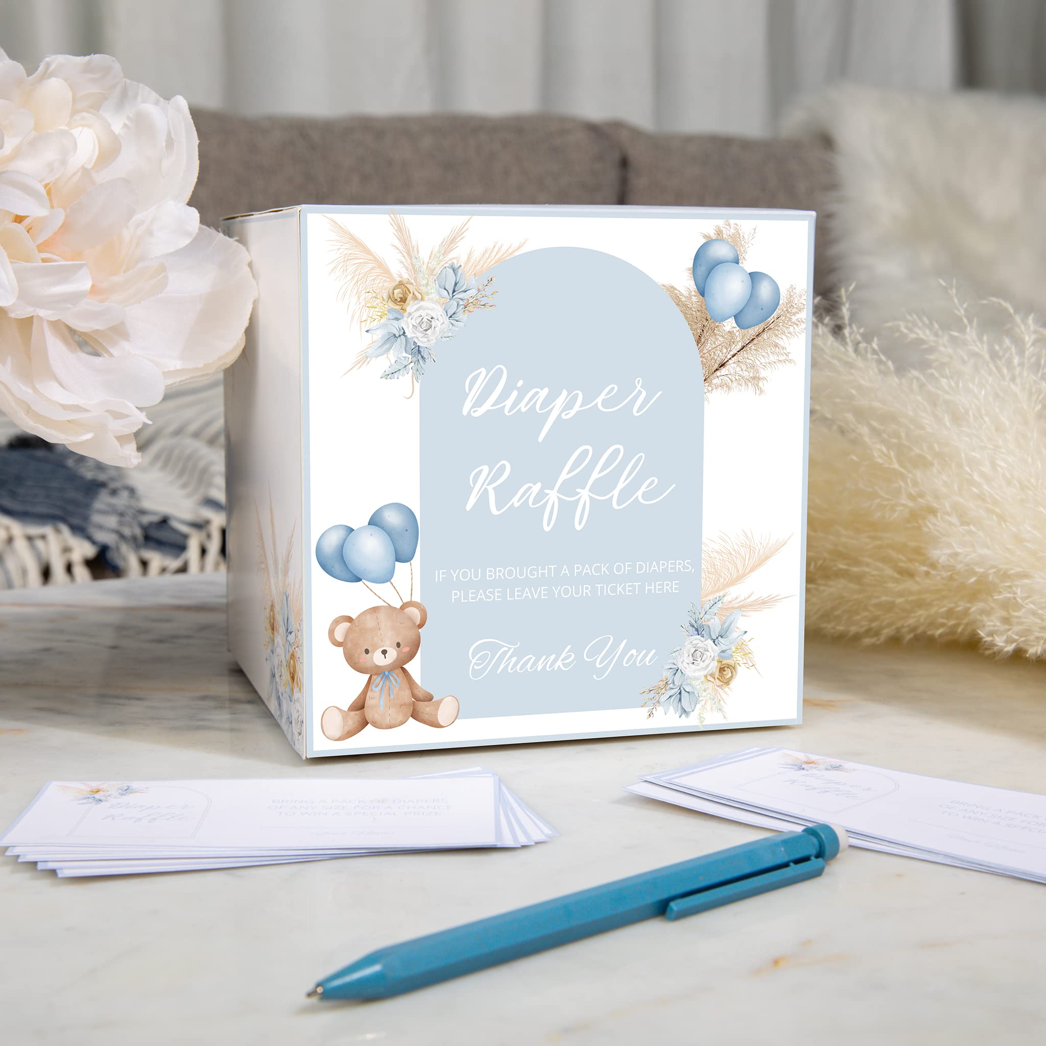 50 Pcs Diaper Raffle Tickets For Baby Shower With Diaper Raffle Box Used For Bear Blue Baby Shower Games Or Trendy Baby Shower Decorations Boy Diaper Raffle Box for Baby Shower and Diaper Raffle Cards