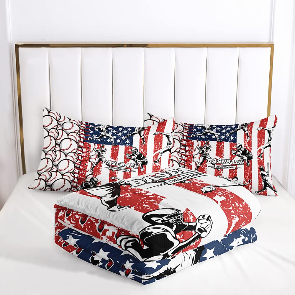 Suncloris 3D White American Flag Baseball Bedding Set for Kids,Flag Background Baseball Ultra Soft All Seasons Comforter Set Ball Sport Bed Set 1 Comforter 2 Pillowcases(White, Queen)