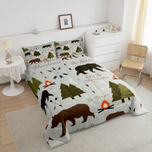 Homewish Happy Camping Bedding Set Full Size Hunt Bear Pine Trees Comforter Set for Kids Boys Men Adults Cabin Room Decor Campfire Arrow Cartoon Quilt Set Wild Outdoor Adventure Duvet Insert 3pcs