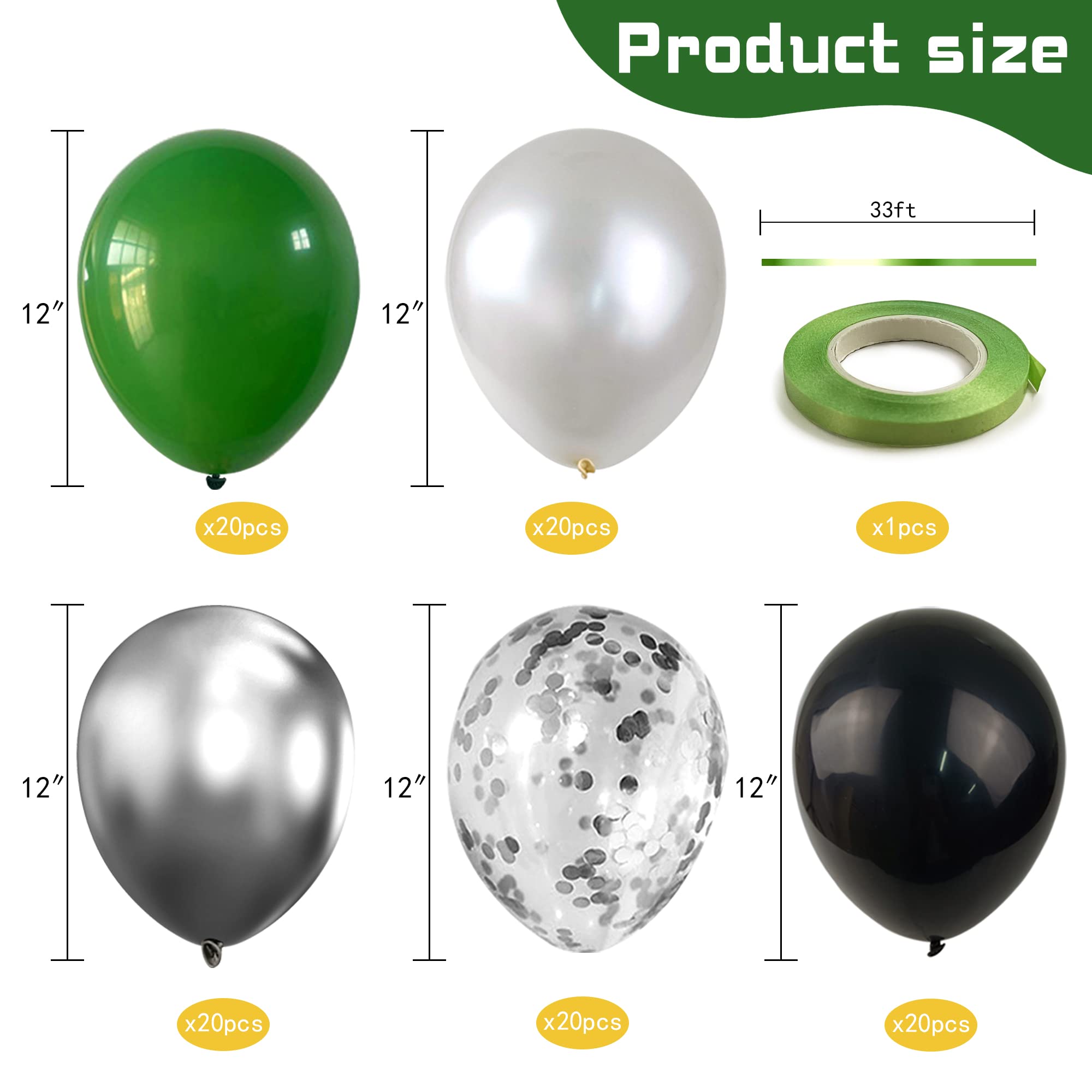 100PCS Green Silver Black White Balloon Chrome Metallic and Confetti Balloons for Graduation Birthday Baby Shower Game Party Decorations