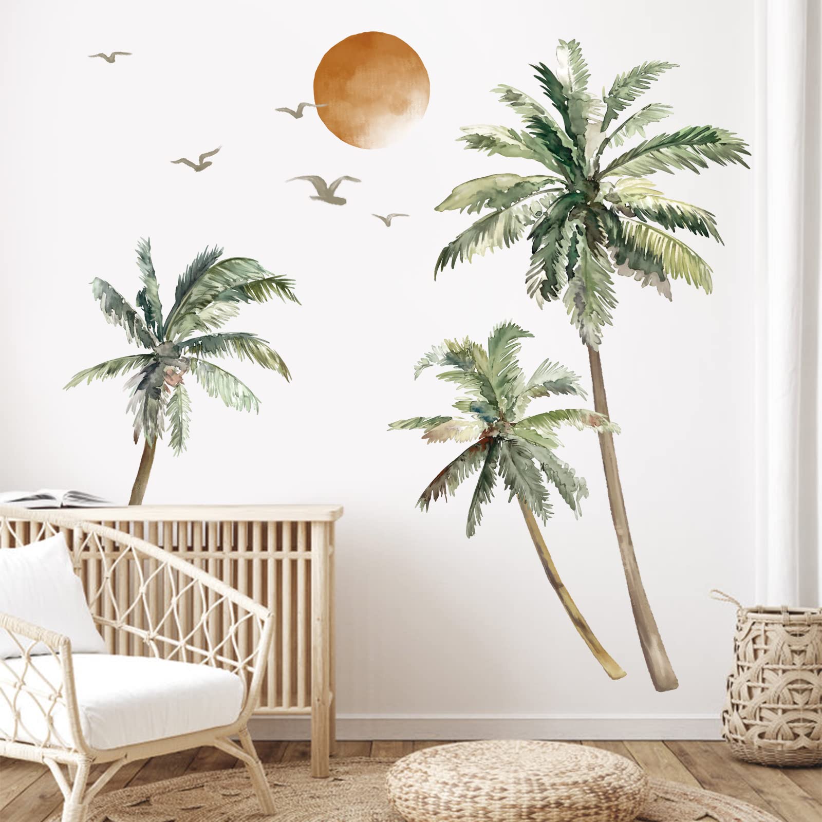 wondever Boho Palm Tree Wall Stickers Large Tropical Tree Sunset Peel and Stick Wall Art Decals for Living Room Bedroom TV Background (H: 63.8 inch)