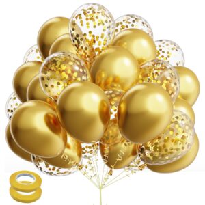 kelfara metallic gold balloons 60pcs 12 inch metallic gold and confetti latex balloon bulk for birthday party bridal shower wedding engagement anniversary prom decorations with gold ribbon