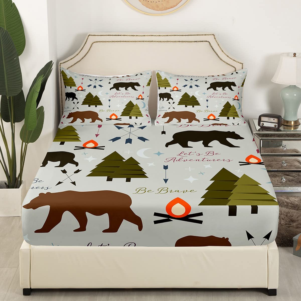 Happy Camping Fitted Sheet Twin Size Hunt Bear Pine Trees Bedding Set for Kids Boys Men Adults Cabin Room Decor Campfire Arrow Cartoon Bed Sheet Wild Outdoor Adventure Deep Pocket Sheet 2pcs