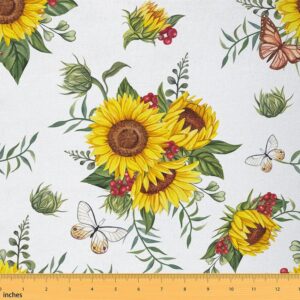 feelyou sunflower fabric by the yard, floral print upholstery fabric for chairs, yellow flowers pattern botanical decorative fabric for upholstery and home diy projects, 1 yard, yellow white