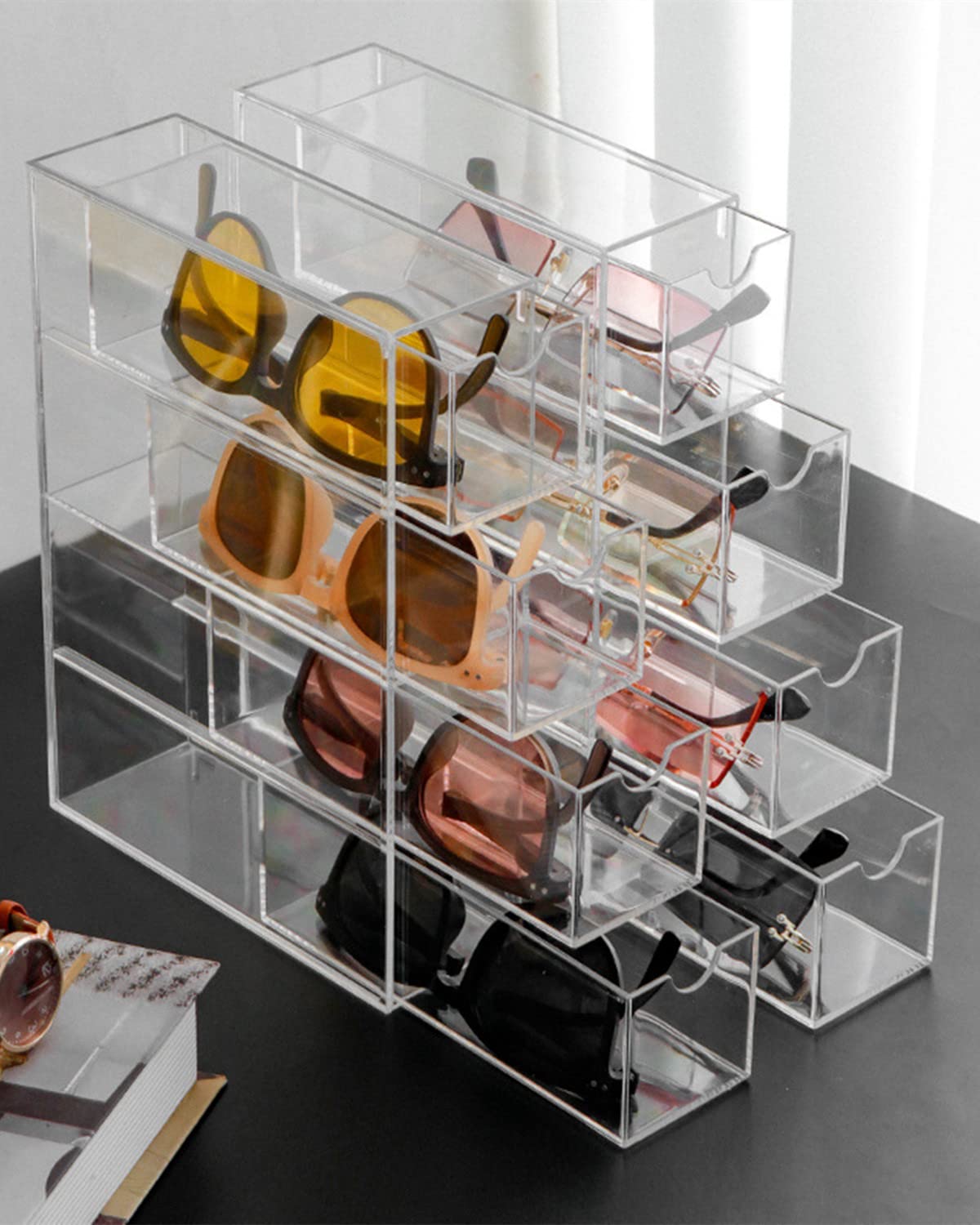 4 Drawers Acrylic Stackable Sunglasses Organizer, Clear Glasses Case Storage Organizer, Dust Proof & Waterproof Acrylic Drawers Sunglasses Storage Organizer for Dresser, Bedroom, Desk