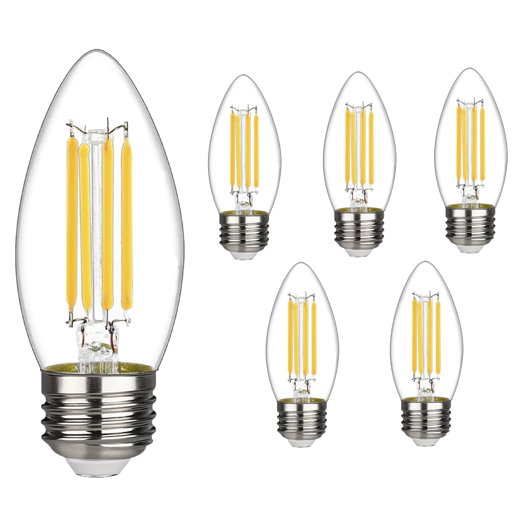 RuiAoTD 6 Pack B11 Candelabra LED Light Bulb, Chandelier Light Bulbs 4 Watt Equivalent 40W,2700K Warm White 450LM,E26 Standard Base LED Filament Candle Bulb,Clear Glass