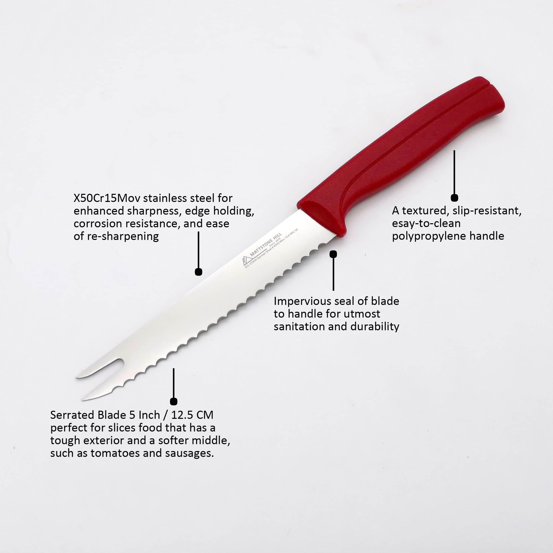 Tomato Knife - MATTSTONE HILL 5 Inch Serrated Kitchen Utility Knife, Serrated Cheese Knife, Premium Stainless Steel Vegetable Knife, Red Handle