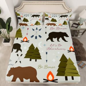 happy camping fitted sheet twin size hunt bear pine trees bedding set for kids boys men adults cabin room decor campfire arrow cartoon bed sheet wild outdoor adventure deep pocket sheet 2pcs