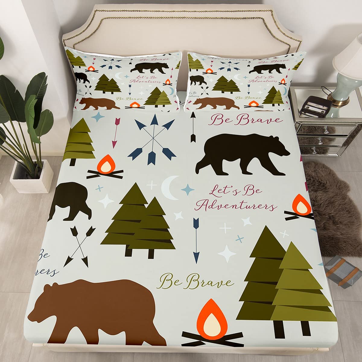 Happy Camping Fitted Sheet Twin Size Hunt Bear Pine Trees Bedding Set for Kids Boys Men Adults Cabin Room Decor Campfire Arrow Cartoon Bed Sheet Wild Outdoor Adventure Deep Pocket Sheet 2pcs