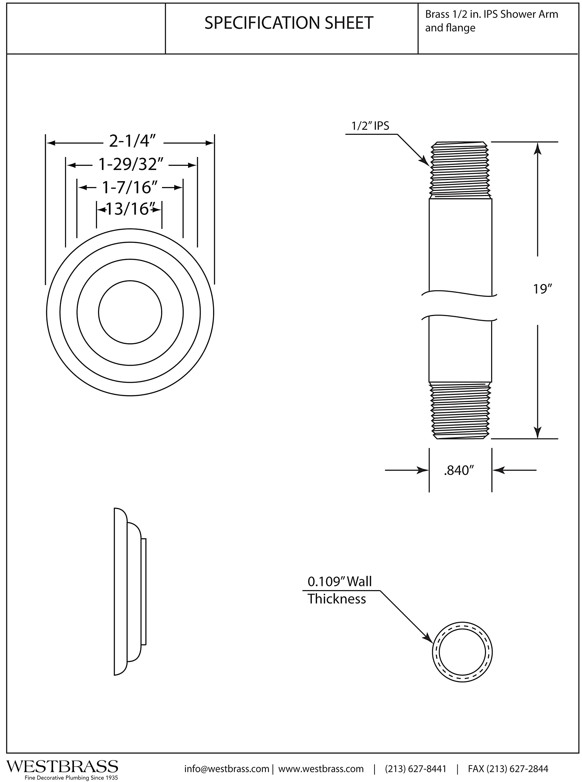 Westbrass A3619A-62 1/2" IPS x 19" Round Ceiling Mount Shower Arm with Flange, Matte Black