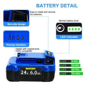 JGSPJ 6.0Ah Battery Replacement for Kobalt 24V MAX KB624-03 KB524-03 KB424-03 KB224-03 KB124-03 0673802 1051230 24Volt Lithium Ion Batteries (2Pack)