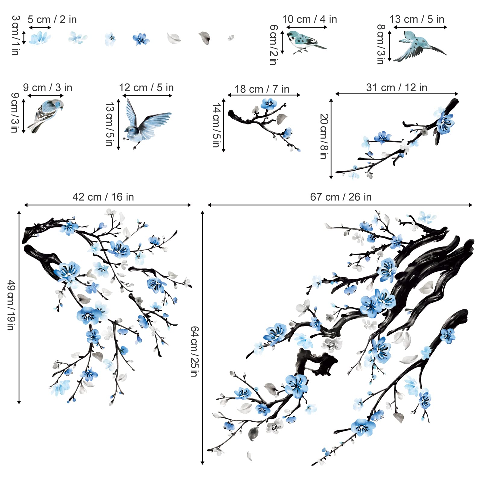 wondever Watercolor Flower Tree Branch Wall Stickers Blossom Blue Floral Birds Peel and Stick Wall Art Decals for Living Room Bedroom