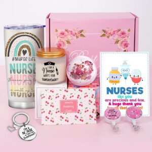 AYGE Nurse Gifts for Women, Nurses Week Gifts 2024- Thoughtful Nurse Appreciation Gift Set - Includes Stainless Steel Tumbler, Candle, Keyring, Bath Bomb, Badge Holder Reel, and Greeting Card