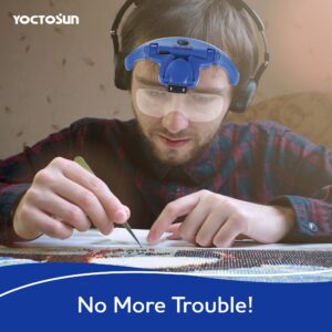 YOCTOSUN Magnifying Glasses with Light, Hands Free Headband Magnifier with 4 LED Lights and 5 Detachable Lenses 1X to 3.5X,Rechargeable Head Magnifier Glasses for Crafts, Hobby, Close Work