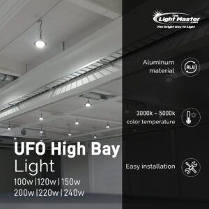 THE LIGHT MASTER - UFO LED Highbay Light – Power and CCT Adjustable, 200W/220W/150W, 38500 lm – 120-277 V – IP 65 Waterproof, UL, DLC – Garages, Warehouses, Storage Facilities, Factories