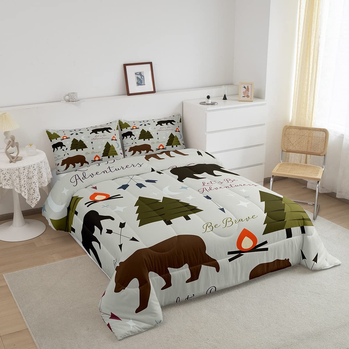 Homewish Happy Camping Bedding Set Full Size Hunt Bear Pine Trees Comforter Set for Kids Boys Men Adults Cabin Room Decor Campfire Arrow Cartoon Quilt Set Wild Outdoor Adventure Duvet Insert 3pcs