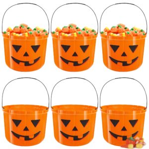 zcaukya 6 packs halloween candy buckets, 7.1" x 5.5" plastic jack-o-lantern pails with handle, portable pumpkin monster baskets for halloween party supplies trick or treat activities, orange