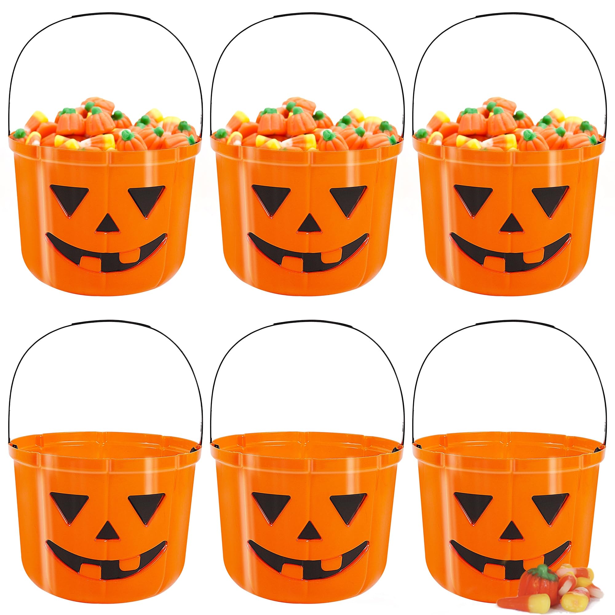 Zcaukya 6 Packs Halloween Candy Buckets, 7.1" x 5.5" Plastic Jack-O-Lantern Pails with Handle, Portable Pumpkin Monster Baskets for Halloween Party Supplies Trick or Treat Activities, Orange