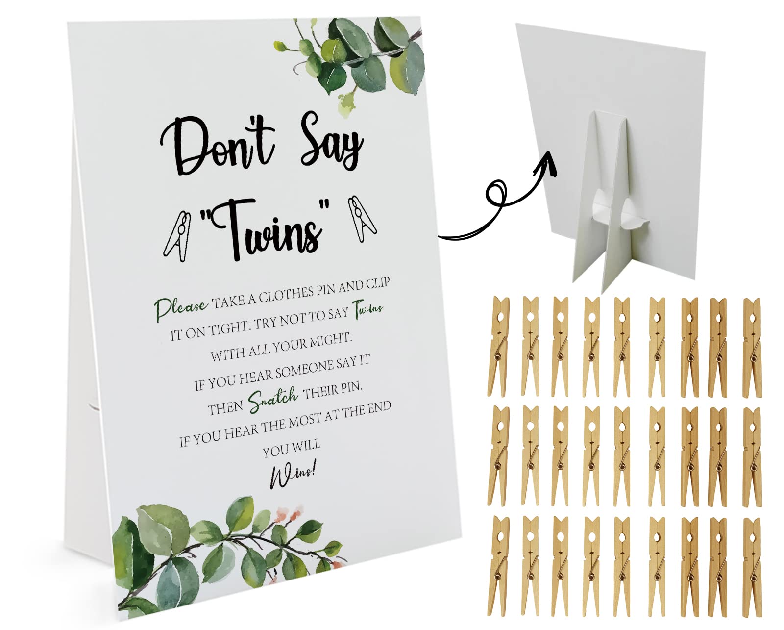 Greenery Don't Say Twins Game （1 Sign and 50 Mini Natural Clothespins） Don't Say Baby Baby Shower Game, Baby Shower Decorations, Baby Shower Games Gender Neutral, Green Leaves Baby Shower (DS21)