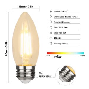 RuiAoTD 6 Pack B11 Candelabra LED Light Bulb, Chandelier Light Bulbs 4 Watt Equivalent 40W,2700K Warm White 450LM,E26 Standard Base LED Filament Candle Bulb,Clear Glass