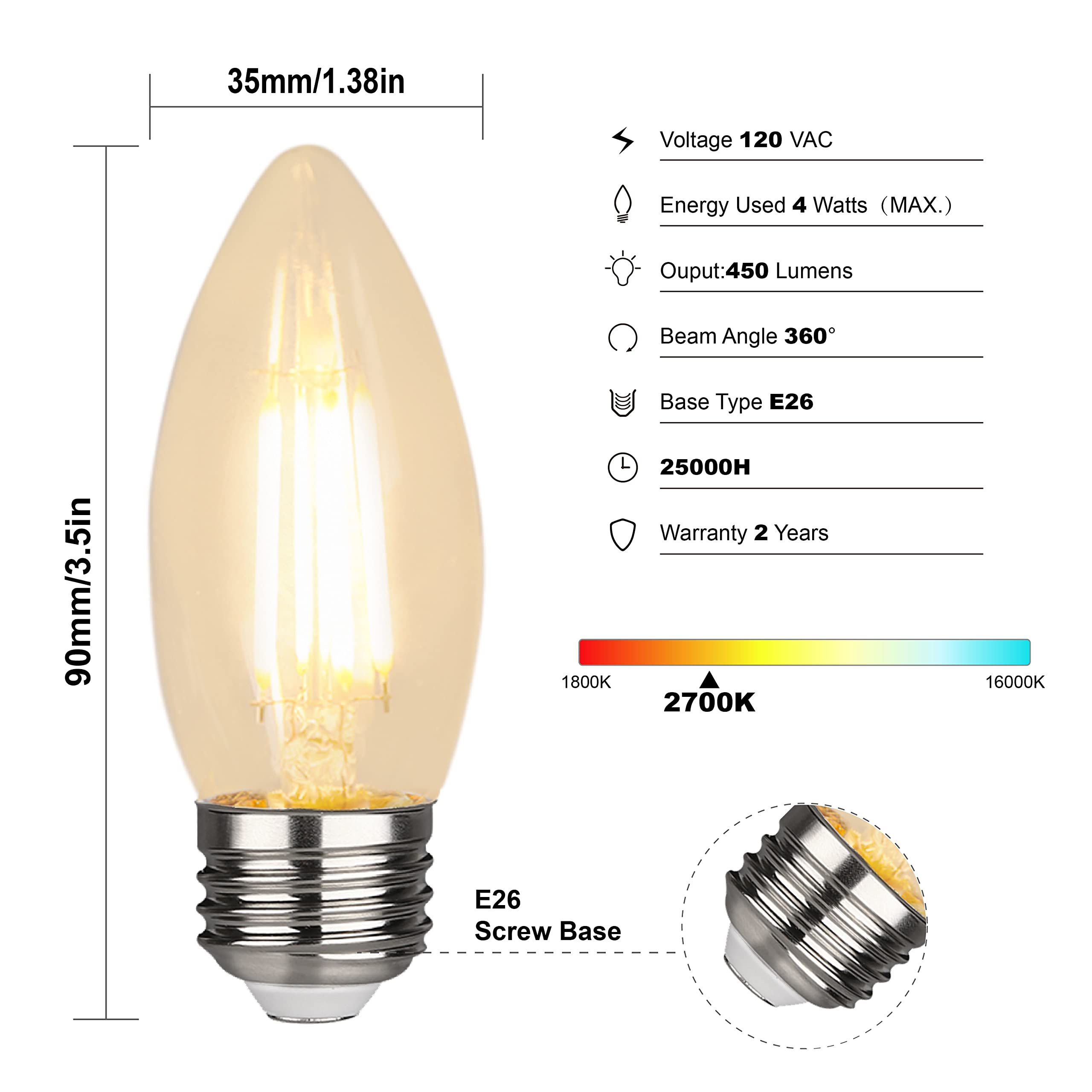 RuiAoTD 6 Pack B11 Candelabra LED Light Bulb, Chandelier Light Bulbs 4 Watt Equivalent 40W,2700K Warm White 450LM,E26 Standard Base LED Filament Candle Bulb,Clear Glass