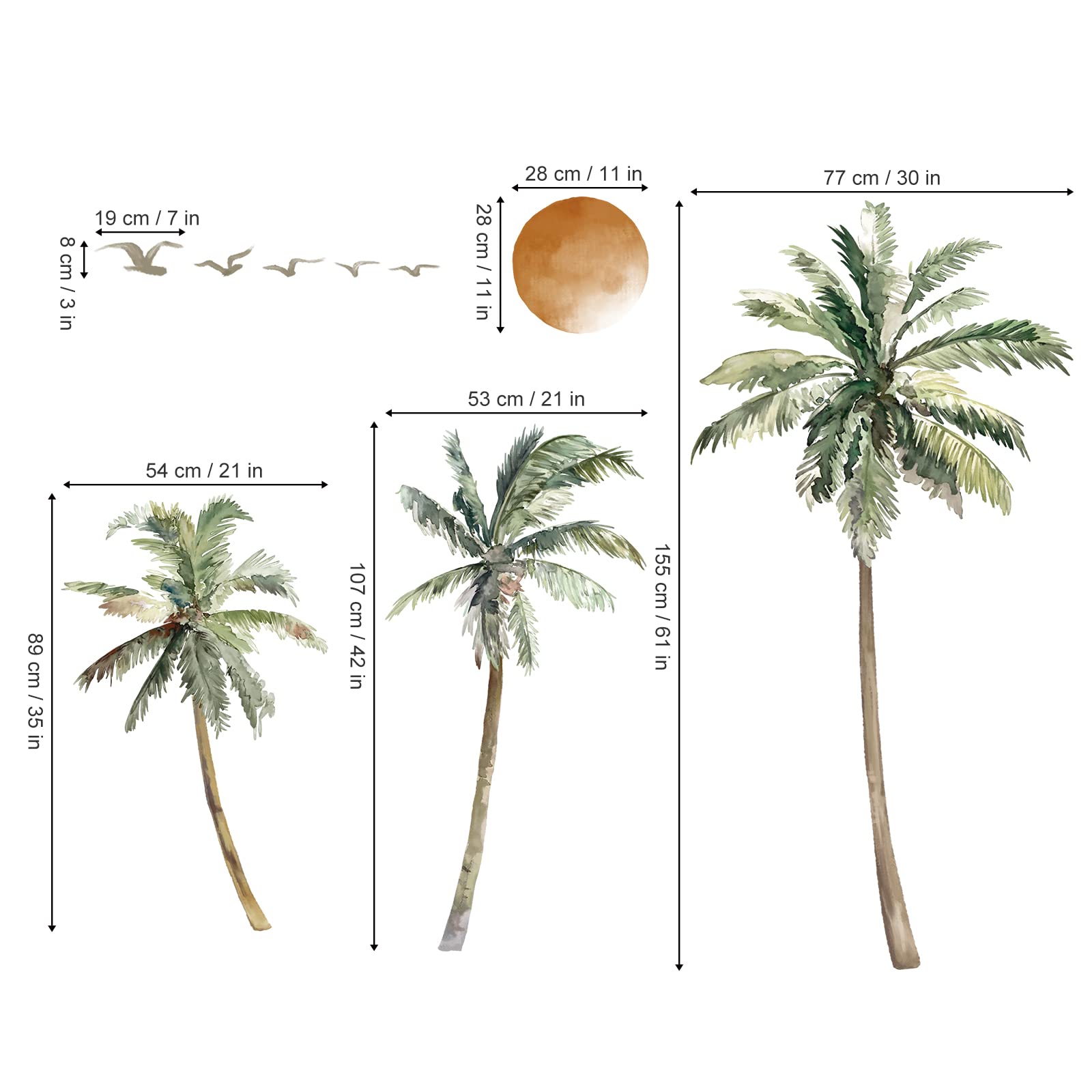 wondever Boho Palm Tree Wall Stickers Large Tropical Tree Sunset Peel and Stick Wall Art Decals for Living Room Bedroom TV Background (H: 63.8 inch)