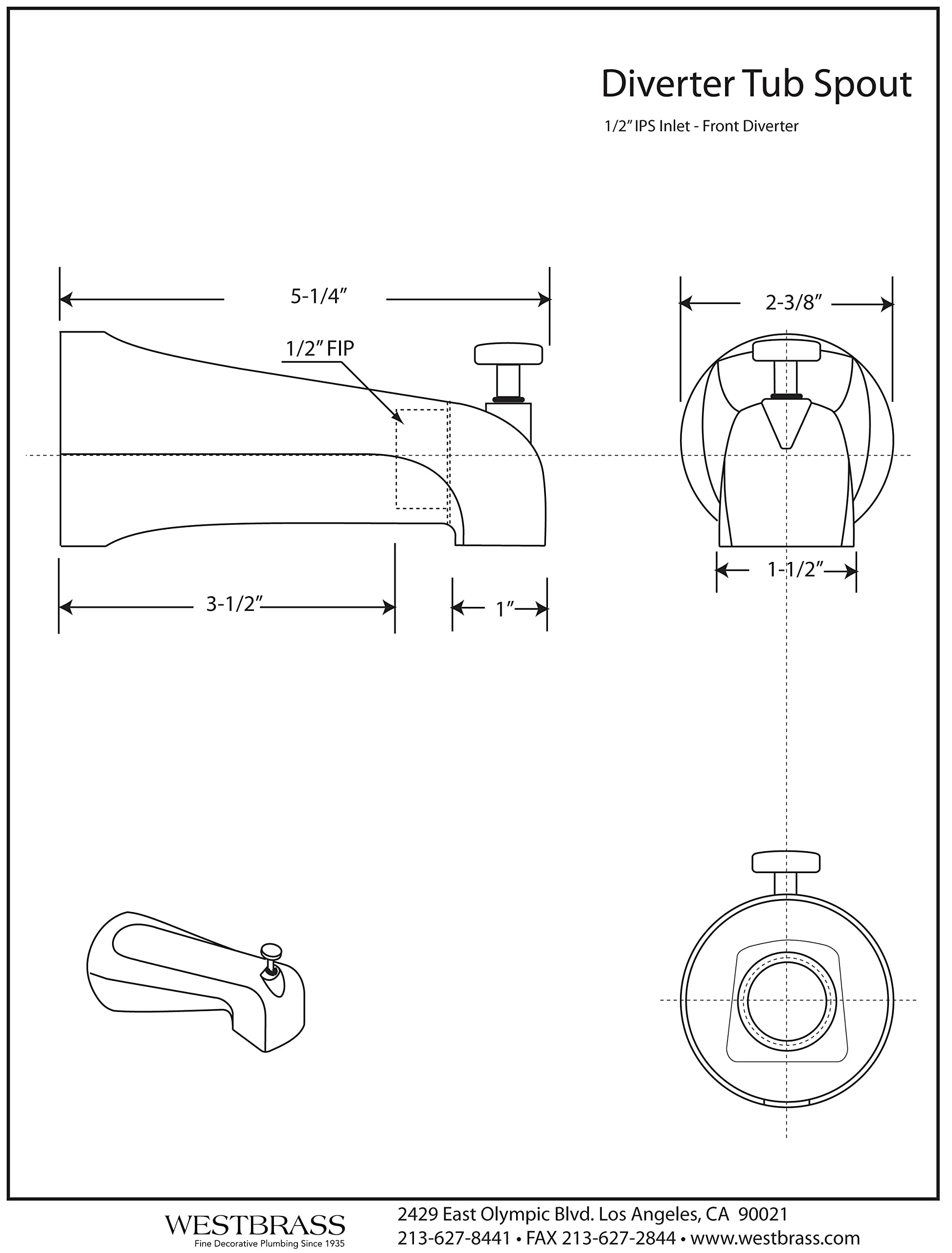 Westbrass A311-62 5-1/2" Reach Brass Wall Mount Tub Spout with Nose Diverter, Matte Black