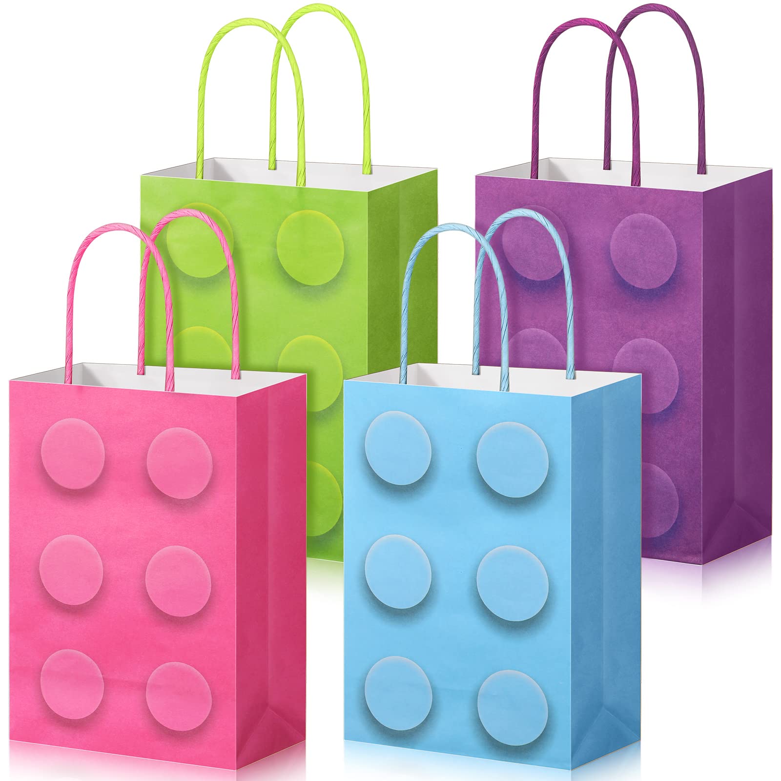 Perkoop 24 Pieces Building Block Party Favor Bags, Bricks Candy Treat Paper Bags, Party Gift Goodie Bags with Handle for Girls Building Block Birthday Party Baby Shower Decoration Supplies