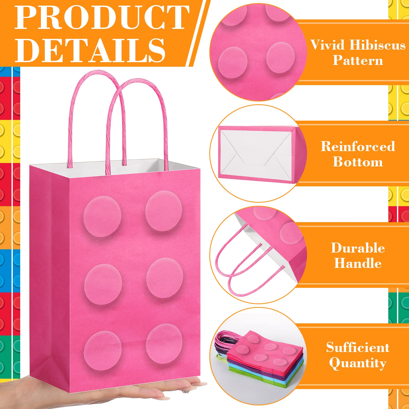 Perkoop 24 Pieces Building Block Party Favor Bags, Bricks Candy Treat Paper Bags, Party Gift Goodie Bags with Handle for Girls Building Block Birthday Party Baby Shower Decoration Supplies