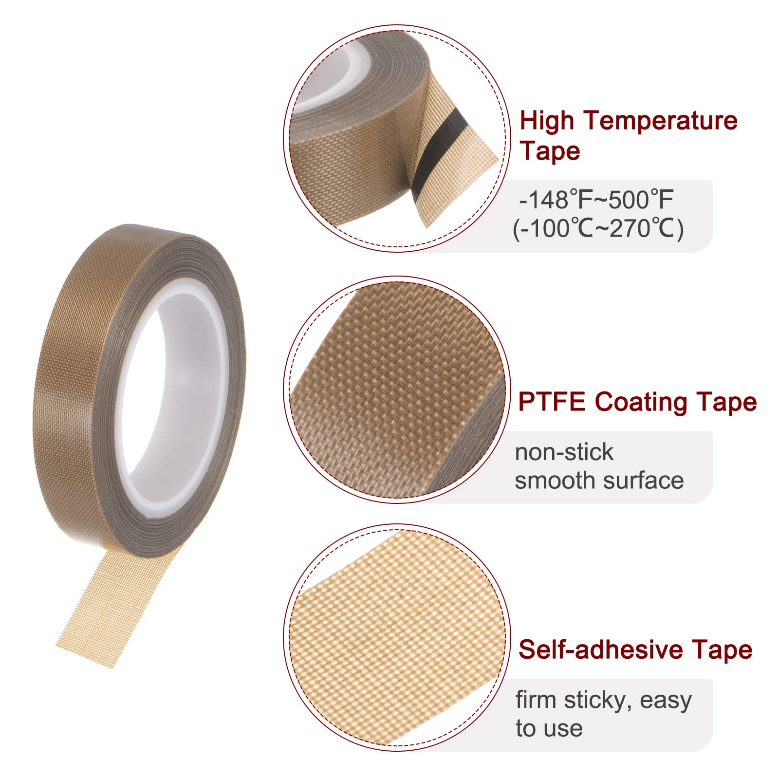 HARFINGTON Fabric PTFE Tape Roll, 0.5" x 33 ft High Temperature PTFE Adhesive Tape 0.13mm Thickness for Vacuum Sealer Machine Hand Impulse Sealers, Brown