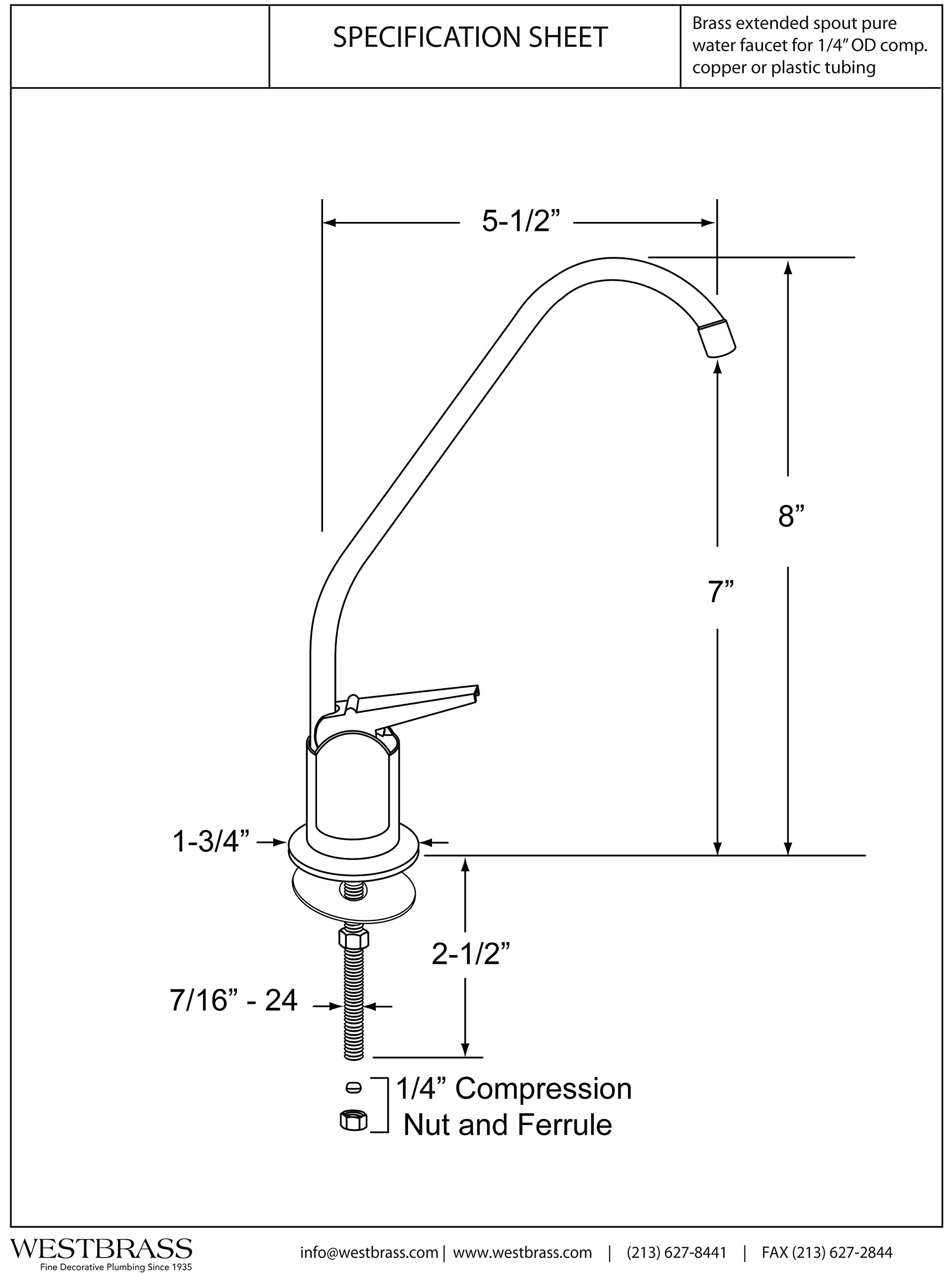 Westbrass A2031-NL-26 8" Touch-Flo Style Pure Cold Water Dispenser Faucet, 1-Pack, Polished Chrome