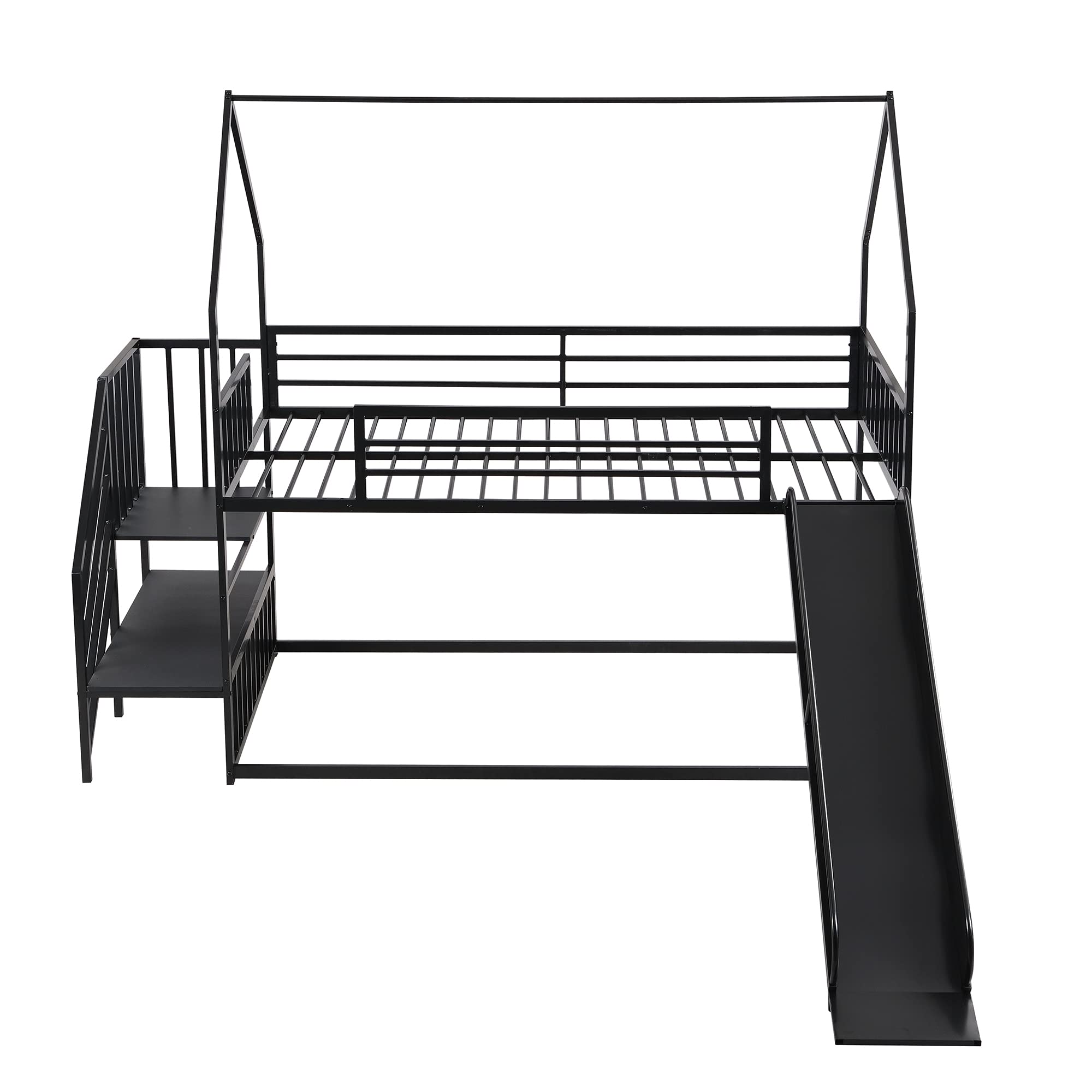 House Bunk Bed with Slide, Twin Over Twin Floor Bunk Bed with Storage Stairs, Metal Playhouse Bunk bed with Guardrail and Roof for Kids Boys Girls Teens, No Box Spring Needed, Black