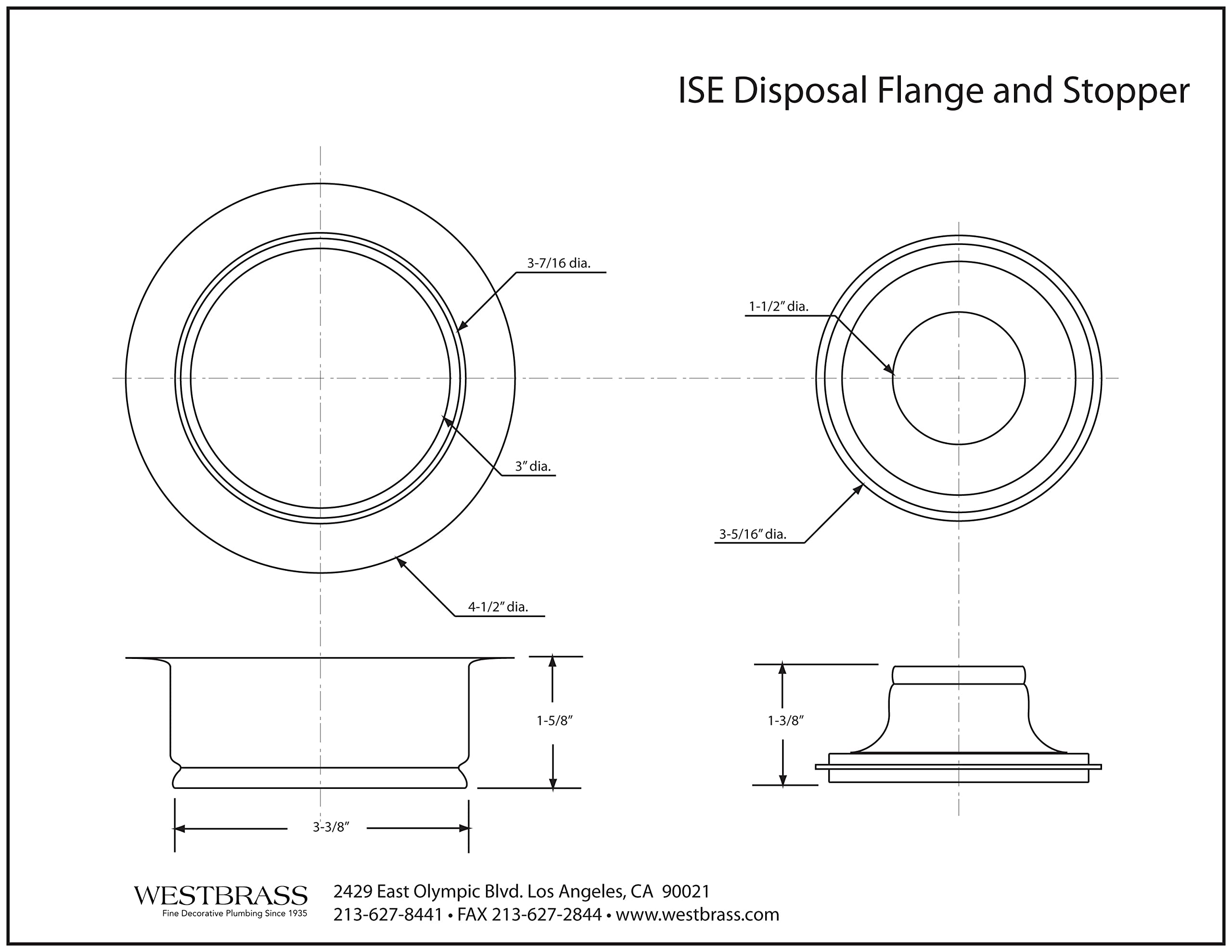 Westbrass A2089-62 4-1/4" Kitchen Sink Waste Disposal Drain Flange and Stopper, Matte Black