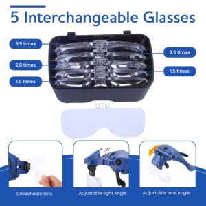 YOCTOSUN Magnifying Glasses with Light, Hands Free Headband Magnifier with 4 LED Lights and 5 Detachable Lenses 1X to 3.5X,Rechargeable Head Magnifier Glasses for Crafts, Hobby, Close Work