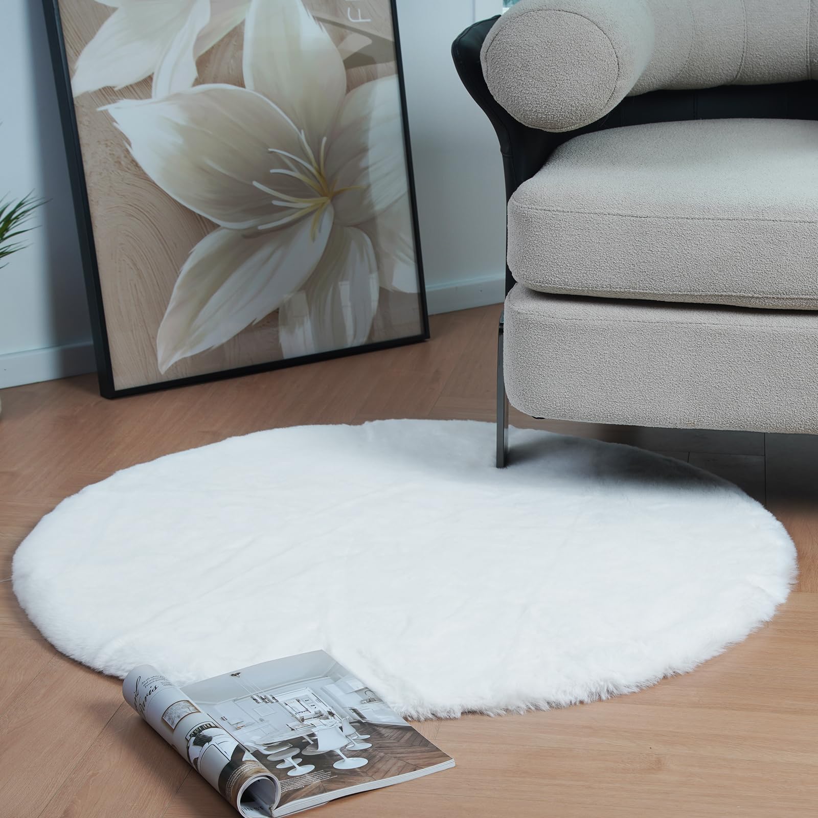 Latepis White Fur Round Rug 3ft Non-Slip Washable Circle Rug Fluffy Faux Rabbit Fur Rug for Photoshoot Plush Shag Rug Furry Carpet for Living Room Bedroom Kids Room Area Rug