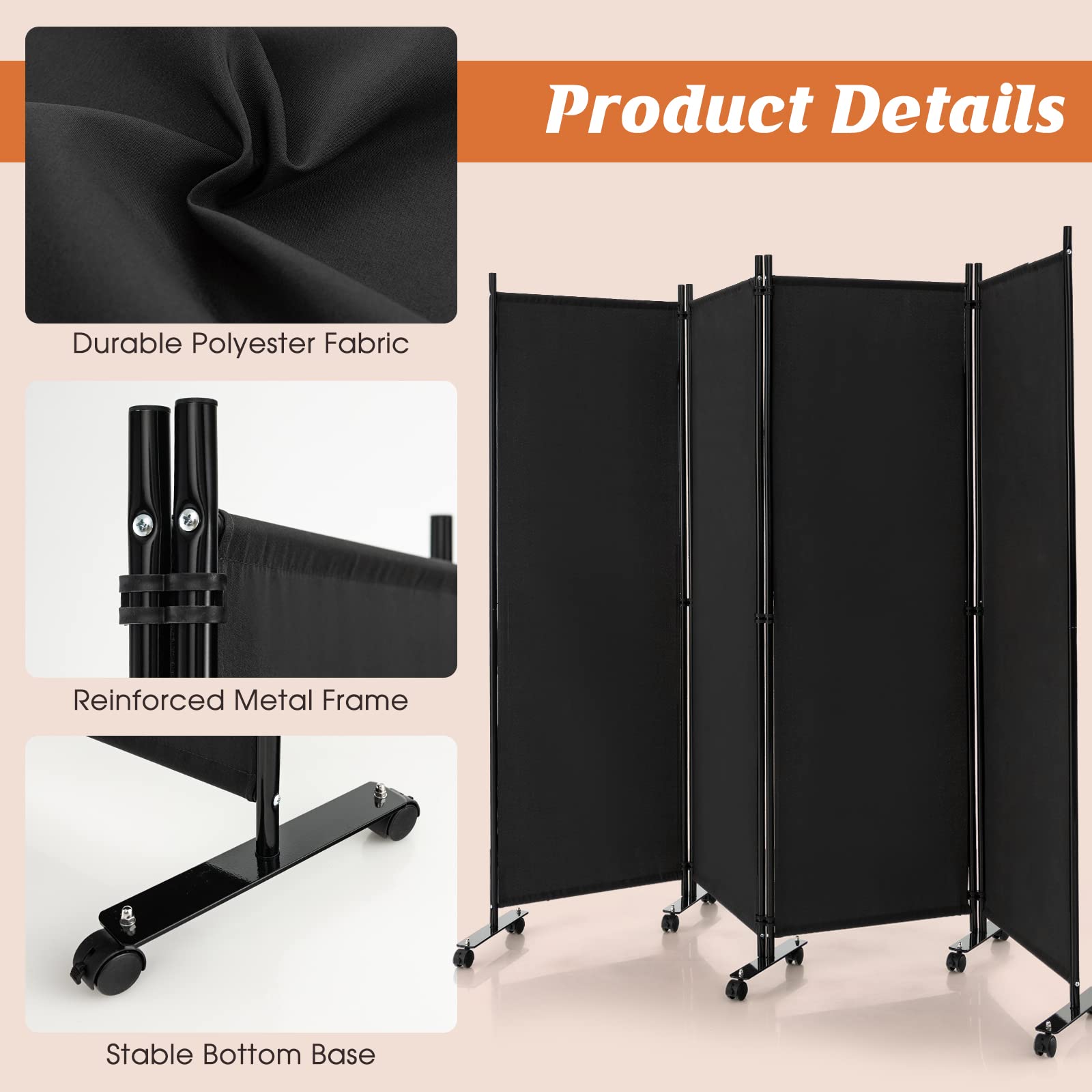 GOFLAME 4 Panel Folding Room Divider, 6FT Rolling Privacy Screen with Lockable Wheels, Portable Room Partition Screen, Freestanding Wall Divider and Separator for Home Office, Black