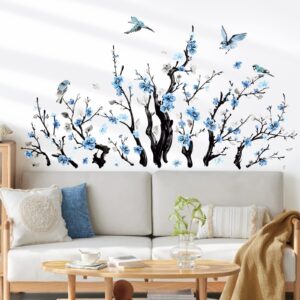 wondever Watercolor Flower Tree Branch Wall Stickers Blossom Blue Floral Birds Peel and Stick Wall Art Decals for Living Room Bedroom