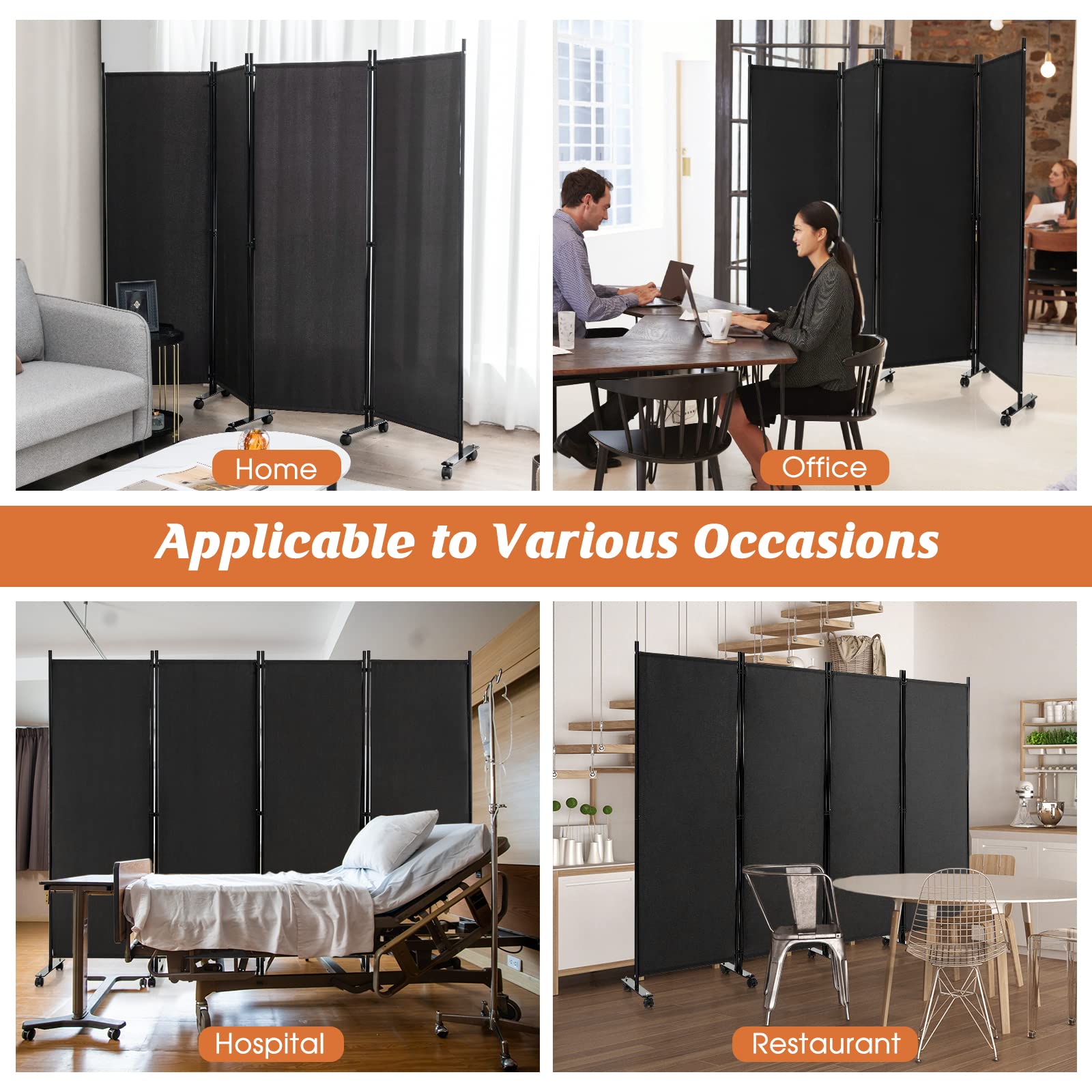 GOFLAME 4 Panel Folding Room Divider, 6FT Rolling Privacy Screen with Lockable Wheels, Portable Room Partition Screen, Freestanding Wall Divider and Separator for Home Office, Black