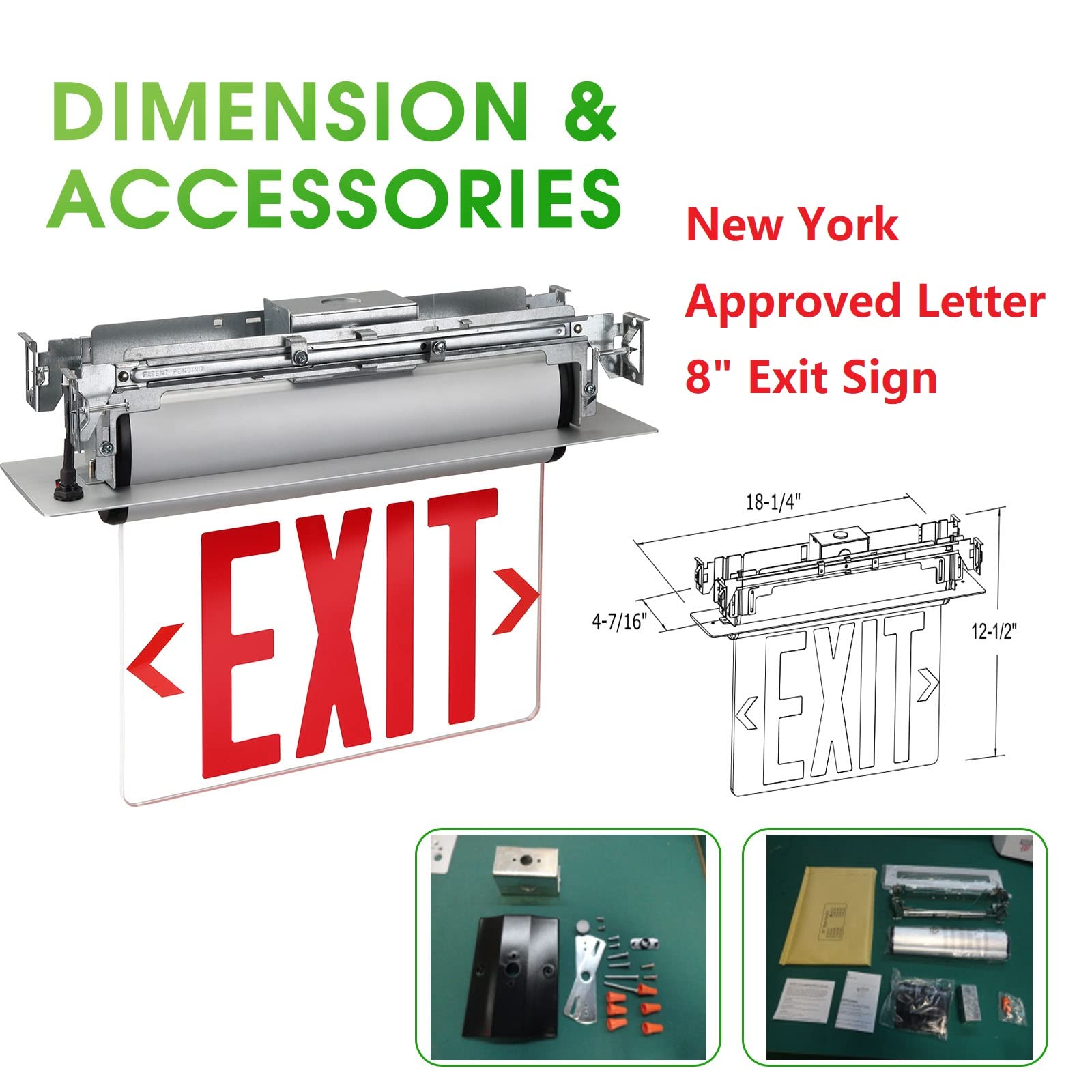 Garrini New York Approved Letter 8" Exit Sign Emergency Light Recessed Housing Single and Double Face Optional,Replaceable Acrylic Panel, UL Certified GRMSEL-200