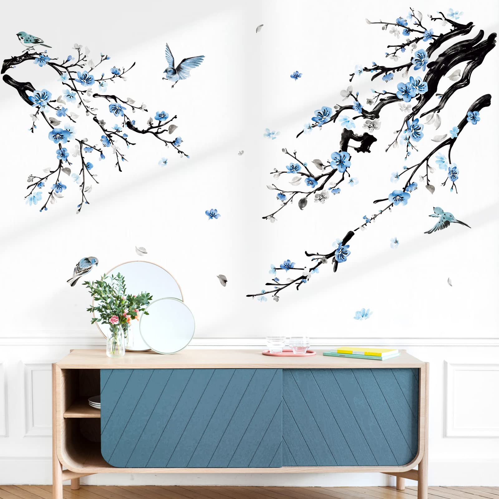 wondever Watercolor Flower Tree Branch Wall Stickers Blossom Blue Floral Birds Peel and Stick Wall Art Decals for Living Room Bedroom