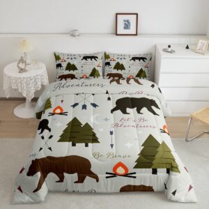 homewish happy camping bedding set full size hunt bear pine trees comforter set for kids boys men adults cabin room decor campfire arrow cartoon quilt set wild outdoor adventure duvet insert 3pcs