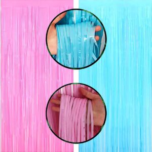 brzikwt 2 pack pink and blue foil fringe curtain backdrop beautiful gender reveal backdrop curtain for family party,birthday,christmas,graduation decorations(3.2 ft x 8.2 ft)