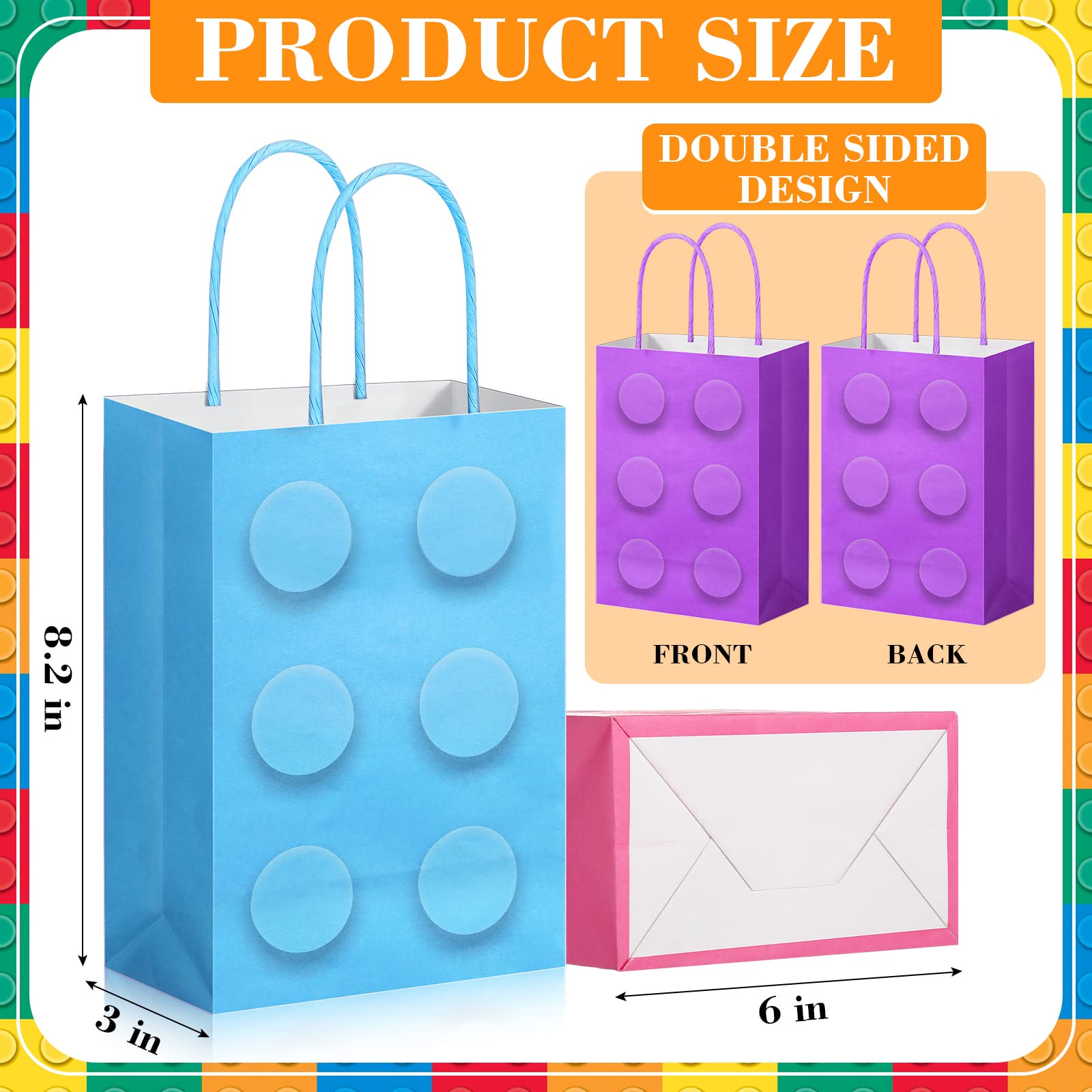 Perkoop 24 Pieces Building Block Party Favor Bags, Bricks Candy Treat Paper Bags, Party Gift Goodie Bags with Handle for Girls Building Block Birthday Party Baby Shower Decoration Supplies