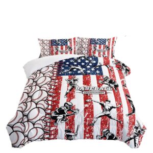 suncloris 3d white american flag baseball bedding set for kids,flag background baseball ultra soft all seasons comforter set ball sport bed set 1 comforter 2 pillowcases(white, queen)