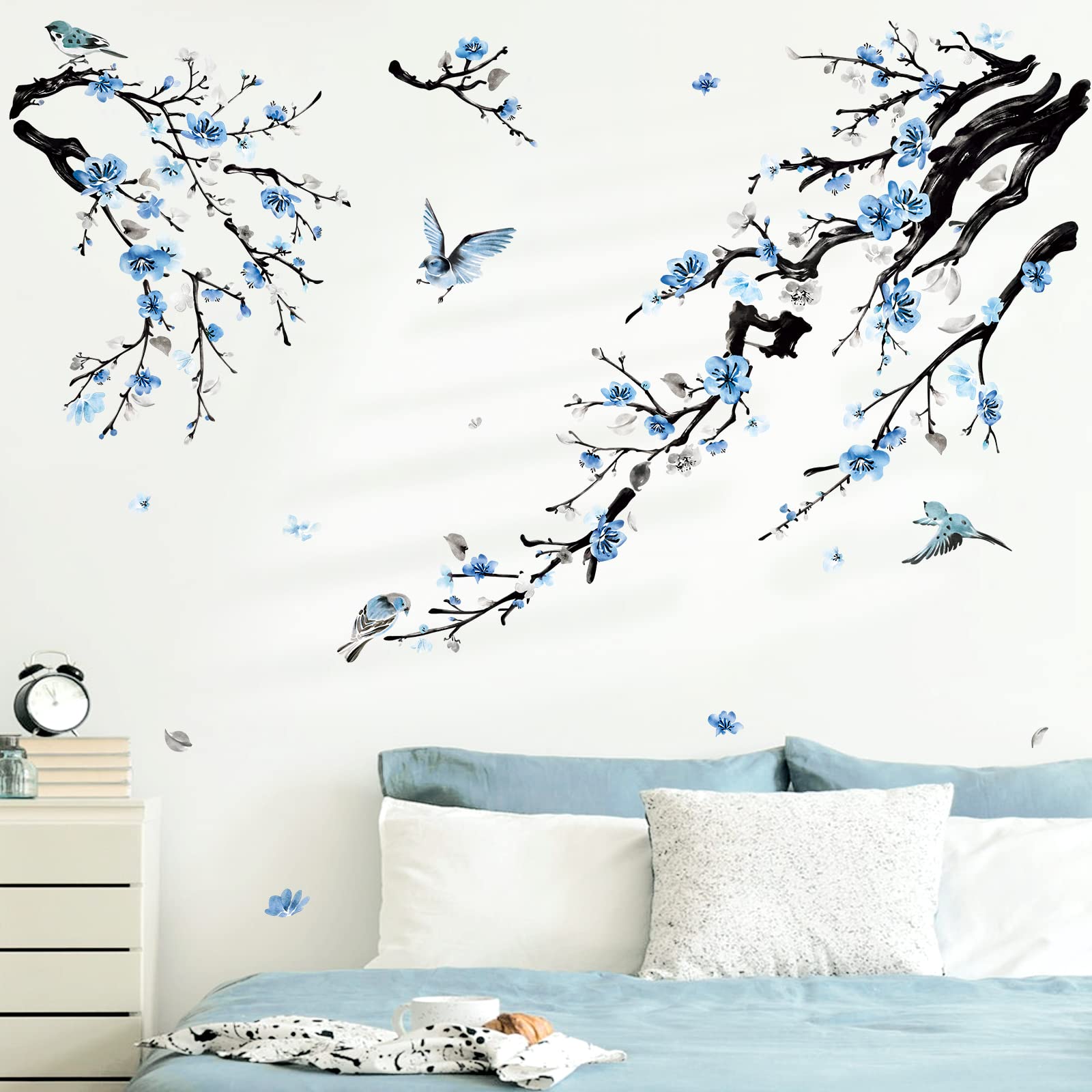 wondever Watercolor Flower Tree Branch Wall Stickers Blossom Blue Floral Birds Peel and Stick Wall Art Decals for Living Room Bedroom