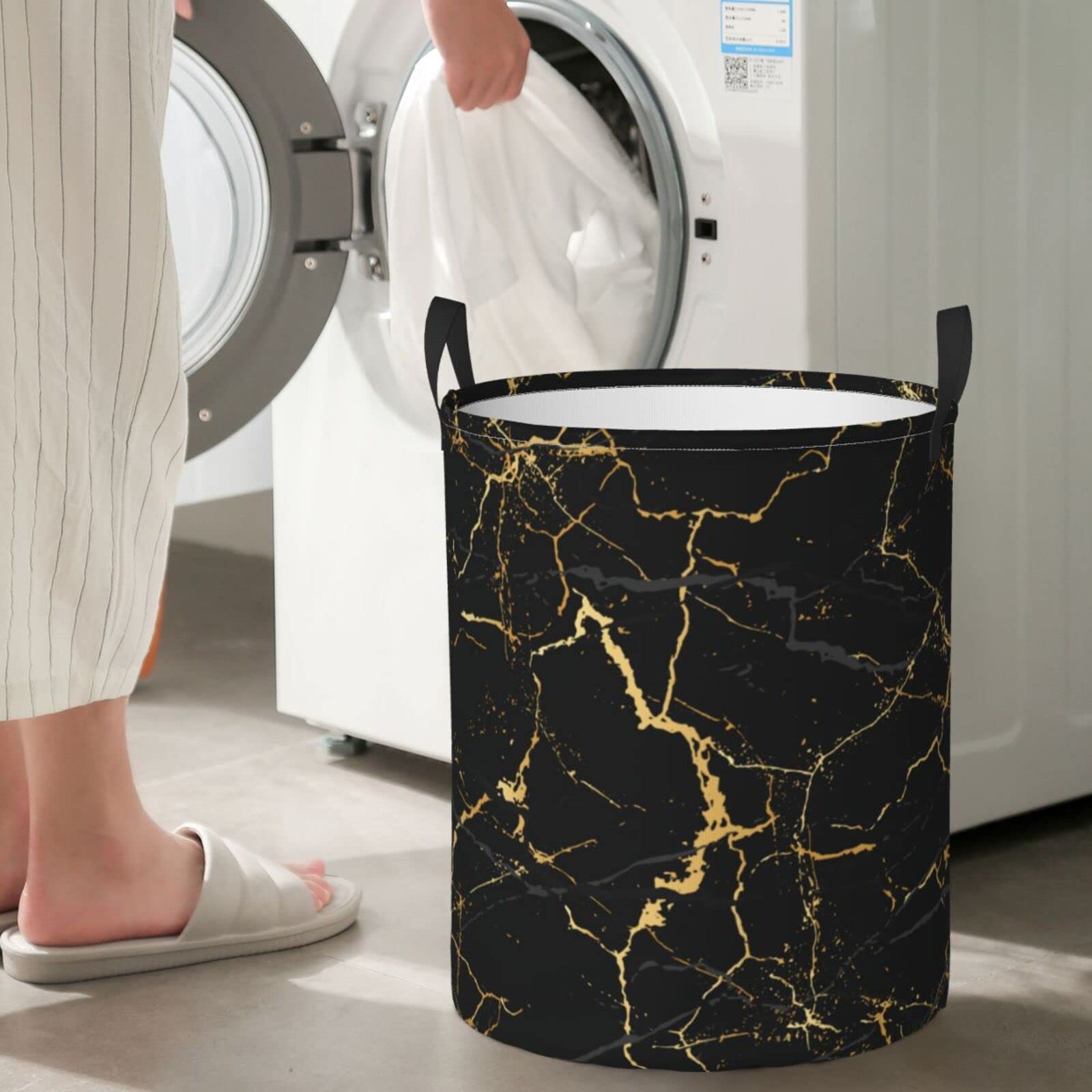 Gbuzozie Black Marble Round Laundry Hamper Marbling Texture Storage Basket Toys Clothes Organizer Bin For Home Bathroom Bedroom Dorm Nursery, 62l