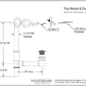 Westbrass A79220CP 14" 20 Gauge Brass Bath Waste and Overflow Assembly with Trip Lever and Grid Drain Cover, Polished Chrome